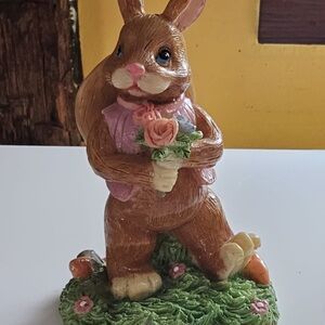Easter Bunny Figurine Holding Bouquet - Brown & Pink Accent